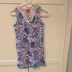 Lilly Pulitzer Pink & Blue Seashell Print Sleeveless Dress with Beaded V-Neck
